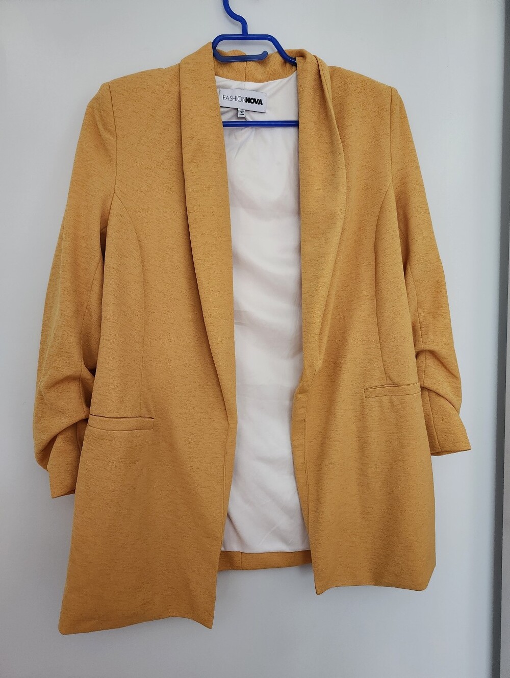 Mustard Yellow Open Front Blazer Small Ruched Sleeves, Fashion Nova, Office